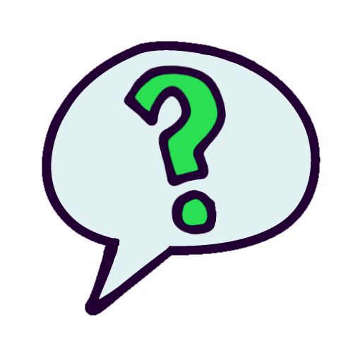 A drawing of a green question mark (?) inside a speech bubble